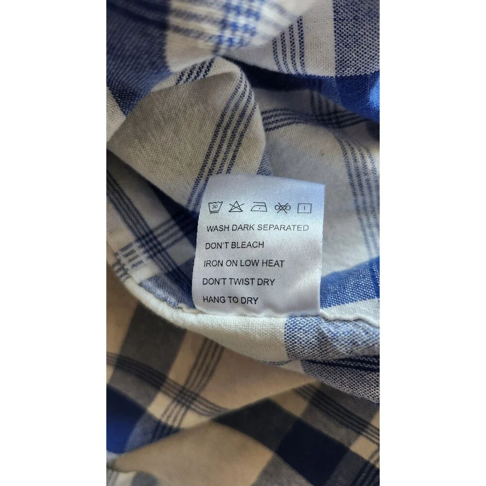 Mocotono Mens 2X White Blue Plaid Button Up Long Sleeve Shirt 100% Cotton Casual - Picture 9 of 9